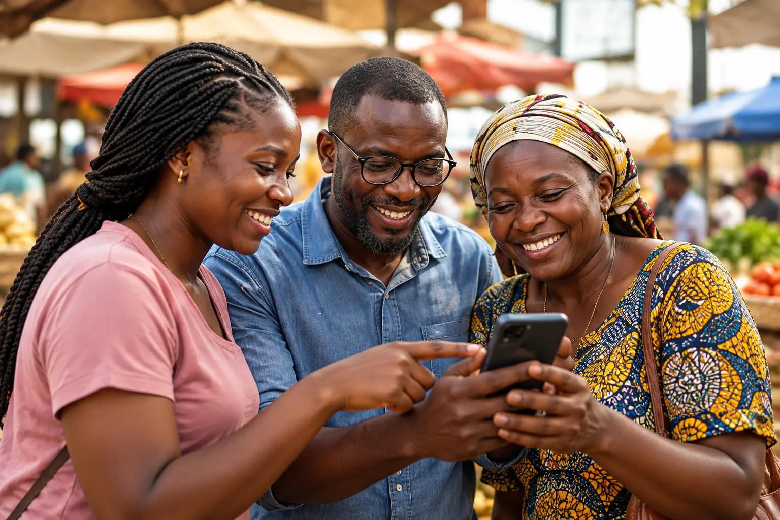 Portrait illustratif de trois personnes avec un téléphone